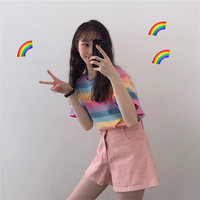 Cute Rainbow Colorful Stripe LGBT Pride Loose Oversized Short Sleeve Shirt Tee T-shirt E-Girl Kawaii Korean Japanese Harajuku Chinese Retro Streetwear - Thumbnail 3