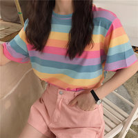 Cute Rainbow Colorful Stripe LGBT Pride Loose Oversized Short Sleeve Shirt Tee T-shirt E-Girl Kawaii Korean Japanese Harajuku Chinese Retro Streetwear - Thumbnail 4