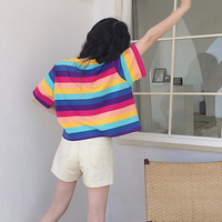 Cute Rainbow Colorful Stripe LGBT Pride Loose Oversized Short Sleeve Shirt Tee T-shirt E-Girl Kawaii Korean Japanese Harajuku Chinese Retro Streetwear - Thumbnail 5