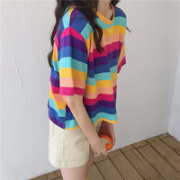 Cute Rainbow Colorful Stripe LGBT Pride Loose Oversized Short Sleeve Shirt Tee T-shirt E-Girl Kawaii Korean Japanese Harajuku Chinese Retro Streetwear - Thumbnail 7