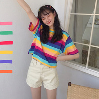 Cute Rainbow Colorful Stripe LGBT Pride Loose Oversized Short Sleeve Shirt Tee T-shirt E-Girl Kawaii Korean Japanese Harajuku Chinese Retro Streetwear - Thumbnail 8