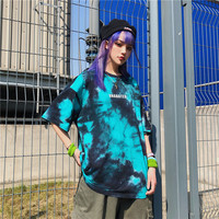 Cute Tie Dyed Hip Hop Casual Punk Goth Loose Oversized Short Sleeve Shirt Tee T-shirt E-Girl Kawaii Korean Japanese Harajuku Chinese Retro Streetwear - Thumbnail 2