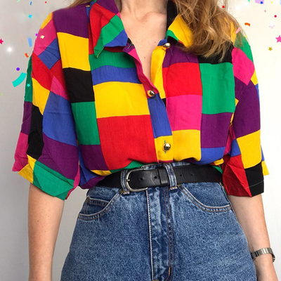 Cute vintage geometric pattern rainbow blouse oversized short sleeve shirt tee t-shirt e-girl kawaii korean japanese harajuku chinese retro streetwear - Thumbnail 5