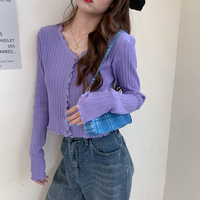 Cute V Neck Knit Casual Thin Sweater Cardigan Shirt Tee T-shirt E-Girl Kawaii Korean Japanese Harajuku Chinese Retro Streetwear - Thumbnail 1