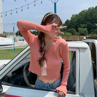 Cute V Neck Knit Casual Thin Sweater Cardigan Shirt Tee T-shirt E-Girl Kawaii Korean Japanese Harajuku Chinese Retro Streetwear - Thumbnail 2