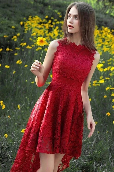 Burgundy High Low Lace Homecoming Dress, Charming Hi-lo Graduation Dresses