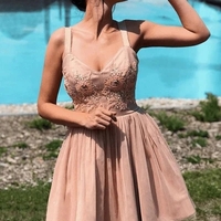 Elegant Dusty Pink Lace Applique Tulle A Line Short Homecoming Dresses - Thumbnail 1