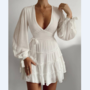 Casual Lantern Sleeve Tied Cuff Frill Hem Dress-1