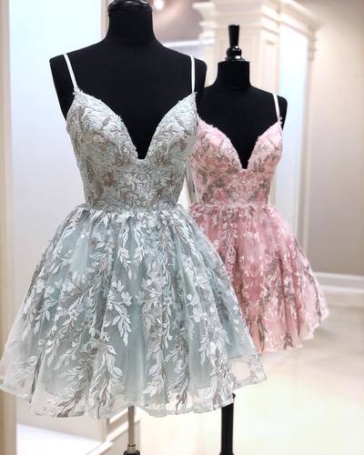 Fashion V Neck Lace Hoco Dresses, Spaghetti Straps Short Prom Dress with Beading