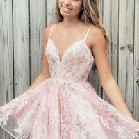 Fashion V Neck Lace Hoco Dresses, Spaghetti Straps Short Prom Dress with Beading - Thumbnail 1