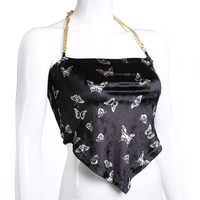 Cute Sexy Butterfly Chain Velvet Halter Tank Cami Crop Top Shirt Tee T-shirt E-Girl Kawaii Korean Japanese Harajuku Chinese Retro Streetwear Aesthetic - Thumbnail 4