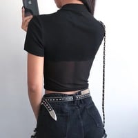Cute Sexy Patchwork Black Mesh Crop Top Short Sleeve Shirt Tee T-shirt E-Girl Kawaii Korean Japanese Harajuku Chinese Retro Streetwear Aesthetic - Thumbnail 2