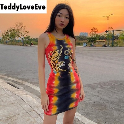 Cute Sexy Tiger Punk Tie Dye Graphic Ribbed Sleeveless Bodycon Dress E-Girl Kawaii Korean Japanese Harajuku Chinese Retro Streetwear Aesthetic