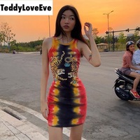 Cute Sexy Tiger Punk Tie Dye Graphic Ribbed Sleeveless Bodycon Dress E-Girl Kawaii Korean Japanese Harajuku Chinese Retro Streetwear Aesthetic - Thumbnail 3