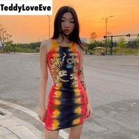 Cute Sexy Tiger Punk Tie Dye Graphic Ribbed Sleeveless Bodycon Dress E-Girl Kawaii Korean Japanese Harajuku Chinese Retro Streetwear Aesthetic - Thumbnail 1