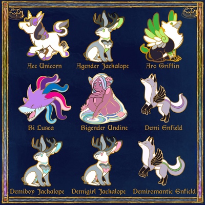 Legendary pride pins, flags a-d