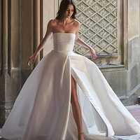 Elegant A-Line Strapless White Satin Wedding Bridal Gowns with Split and Pockets - Thumbnail 1