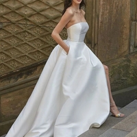 Elegant A-Line Strapless White Satin Wedding Bridal Gowns with Split and Pockets - Thumbnail 3