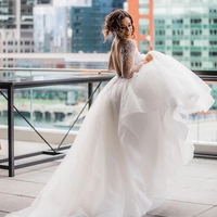 Ball Gown Boat Neck Long Sleeves Tulle Pearls Wedding Gowns - Thumbnail 1