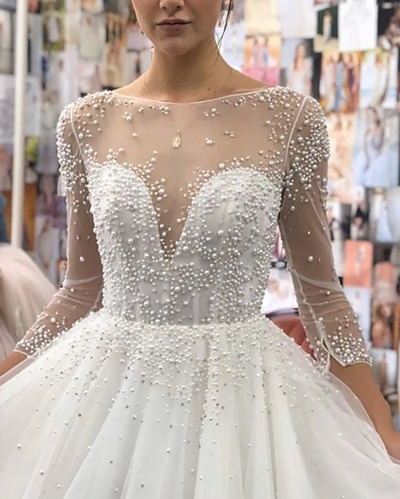 Ball Gown Boat Neck Long Sleeves Tulle Pearls Wedding Gowns