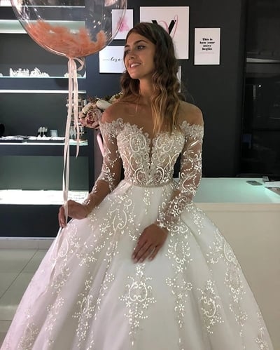 Romantic Ball Gown Long Sleeves Lace Wedding Dresses Bridal Gown