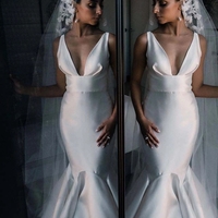 Simple Mermaid V Neck Satin Wedding Bridal Dresses - Thumbnail 1