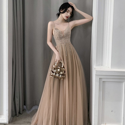 A line v neck tulle long prom dress evening dress - Thumbnail 4