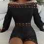 Off Shoulder Lattice Detail Hollow Out Romper-2