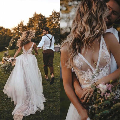 Sexy Deep V Neck Wedding Dress, Backless Beach Wedding Dress,602