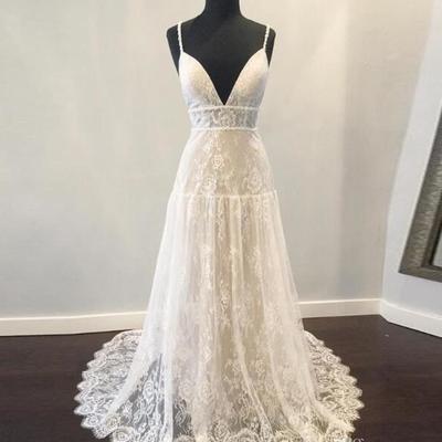 Bohemian wedding dresses 2019 with deep v neck backless spaghetti strap fully lace boho beach vestido de noiva empire waist sweep train,605