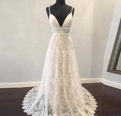 Bohemian Wedding Dresses 2019 with Deep V Neck Backless Spaghetti Strap Fully Lace Boho Beach vestido de noiva Empire Waist Sweep Train,605