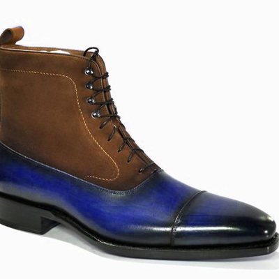 Handmade blue twotone cap toe ankle high formal wear mens boot - Thumbnail 1