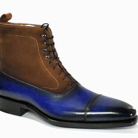 Handmade Blue Twotone Cap Toe Ankle High Formal Wear Mens Boot - Thumbnail 4