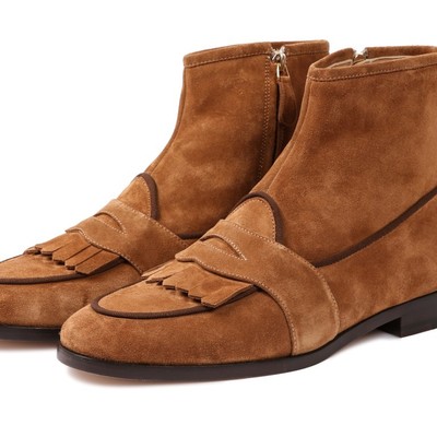 Handmade men's brown suede fringes side zipper dress boots,men designer boots - Thumbnail 1