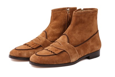 Handmade Men's Brown Suede Fringes Side Zipper Dress Boots,Men Designer Boots