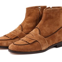 Handmade Men's Brown Suede Fringes Side Zipper Dress Boots,Men Designer Boots - Thumbnail 5