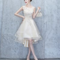 Champagne tulle lace high low prom dress party dress - Thumbnail 1