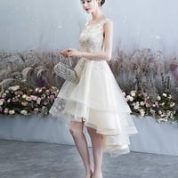 Champagne tulle lace high low prom dress party dress - Thumbnail 2