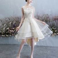 Champagne tulle lace high low prom dress party dress - Thumbnail 3