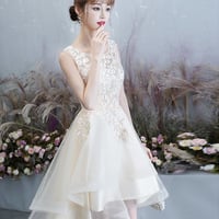 Champagne tulle lace high low prom dress party dress - Thumbnail 5