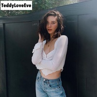 Cute Sexy Transparent See Through Crop Top Long Sleeve Shirt Tee T-shirt E-Girl Kawaii Korean Japanese Harajuku Chinese Retro Streetwear Aesthetic - Thumbnail 6