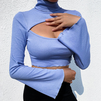 Cute Sexy Blue Cut Out Flare High Neck Knit Long Sleeve Shirt Tee T-shirt E-Girl Kawaii Korean Japanese Harajuku Chinese Retro Streetwear Aesthetic - Thumbnail 4