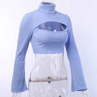 Cute Sexy Blue Cut Out Flare High Neck Knit Long Sleeve Shirt Tee T-shirt E-Girl Kawaii Korean Japanese Harajuku Chinese Retro Streetwear Aesthetic - Thumbnail 7
