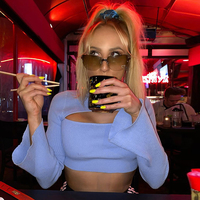 Cute Sexy Blue Cut Out Flare High Neck Knit Long Sleeve Shirt Tee T-shirt E-Girl Kawaii Korean Japanese Harajuku Chinese Retro Streetwear Aesthetic - Thumbnail 9