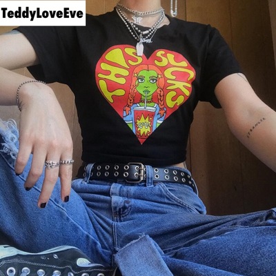 Cute Black Alien Girl Cartoon Graphic Casual Short Sleeve Shirt Tee T-shirt E-Girl Kawaii Korean Japanese Harajuku Chinese Retro Streetwear Aesthetic