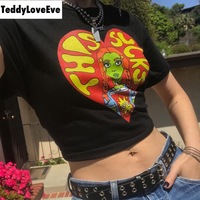 Cute Black Alien Girl Cartoon Graphic Casual Short Sleeve Shirt Tee T-shirt E-Girl Kawaii Korean Japanese Harajuku Chinese Retro Streetwear Aesthetic - Thumbnail 3