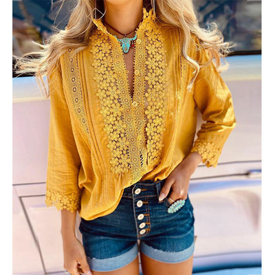 Lace solid color long-sleeved shirt top - Thumbnail 3