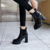 Rivet Black Chunky Heeled Platform Boots - Thumbnail 3
