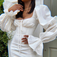 Long Sleeve Women'S White Slim High Waist Dress - Thumbnail 1