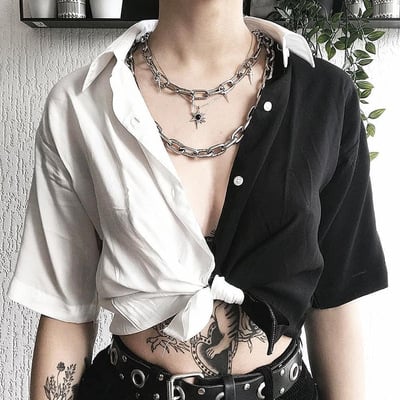 Cute sexy black white patchwork casual crop short sleeve shirt tee t-shirt e-girl kawaii korean japanese harajuku chinese retro streetwear aesthetic - Thumbnail 5